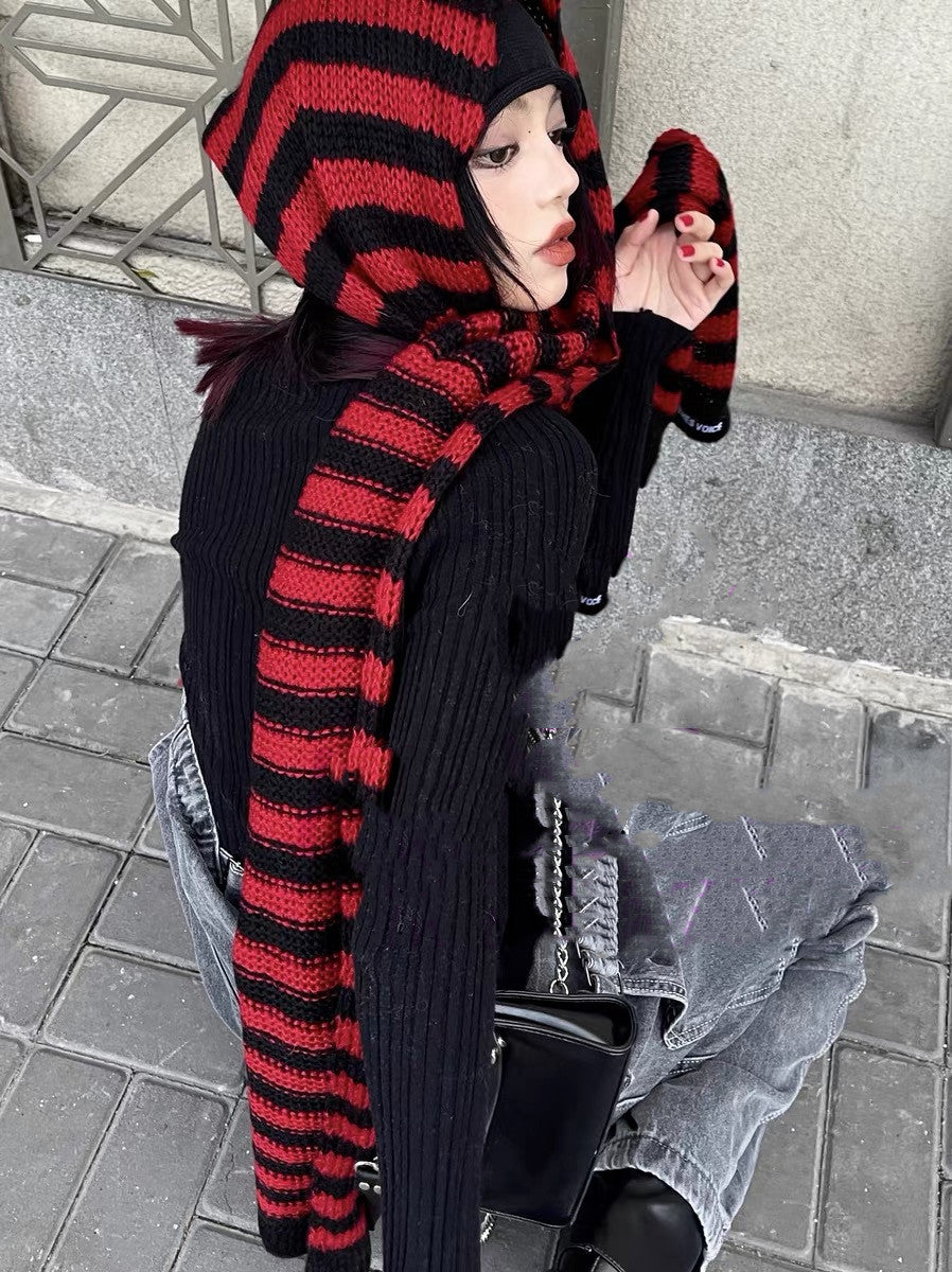 Harajuku Punk Fashion Grey Red Black Striped Scarf
