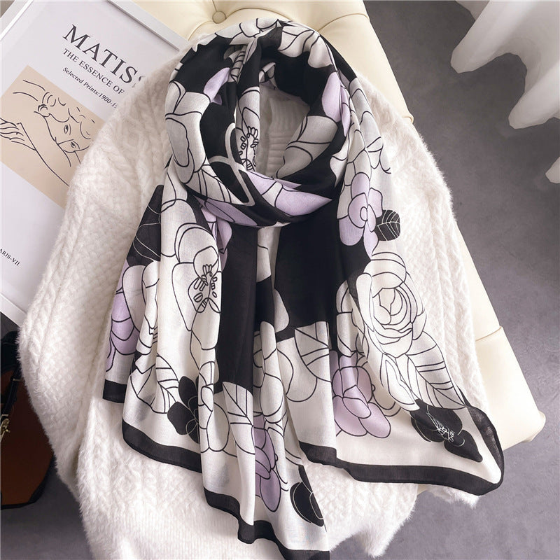 Elegant Floral Shawl In Cotton And Linen