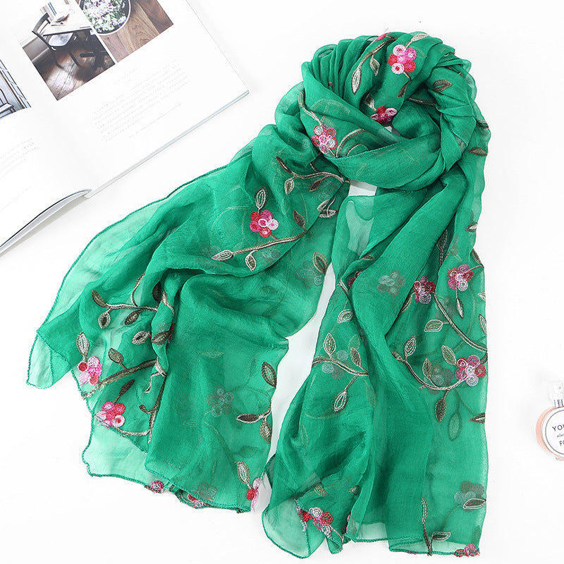 Women's Chiffon Flower Embroidered Silk Scarf Beach Shawl