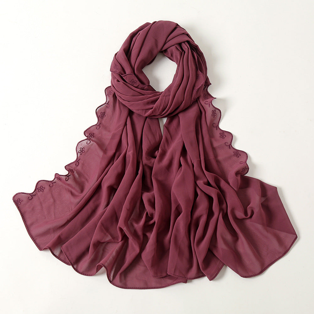 Women's Pearl Chiffon Lace Embroidered Headband Fashion Silk Scarf