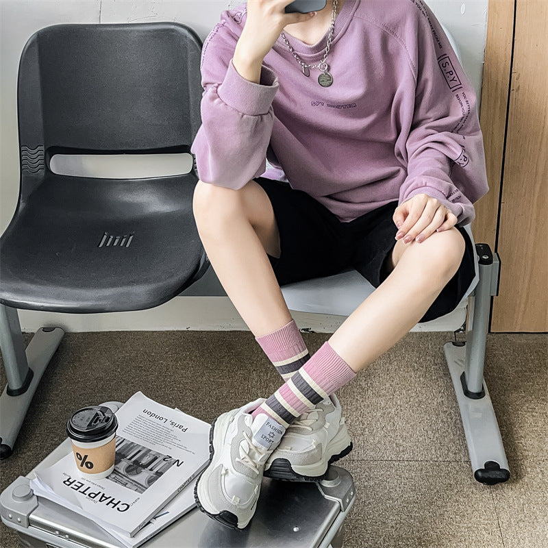 Coffee Striped Letter Mid Tube Women's Cotton Socks
