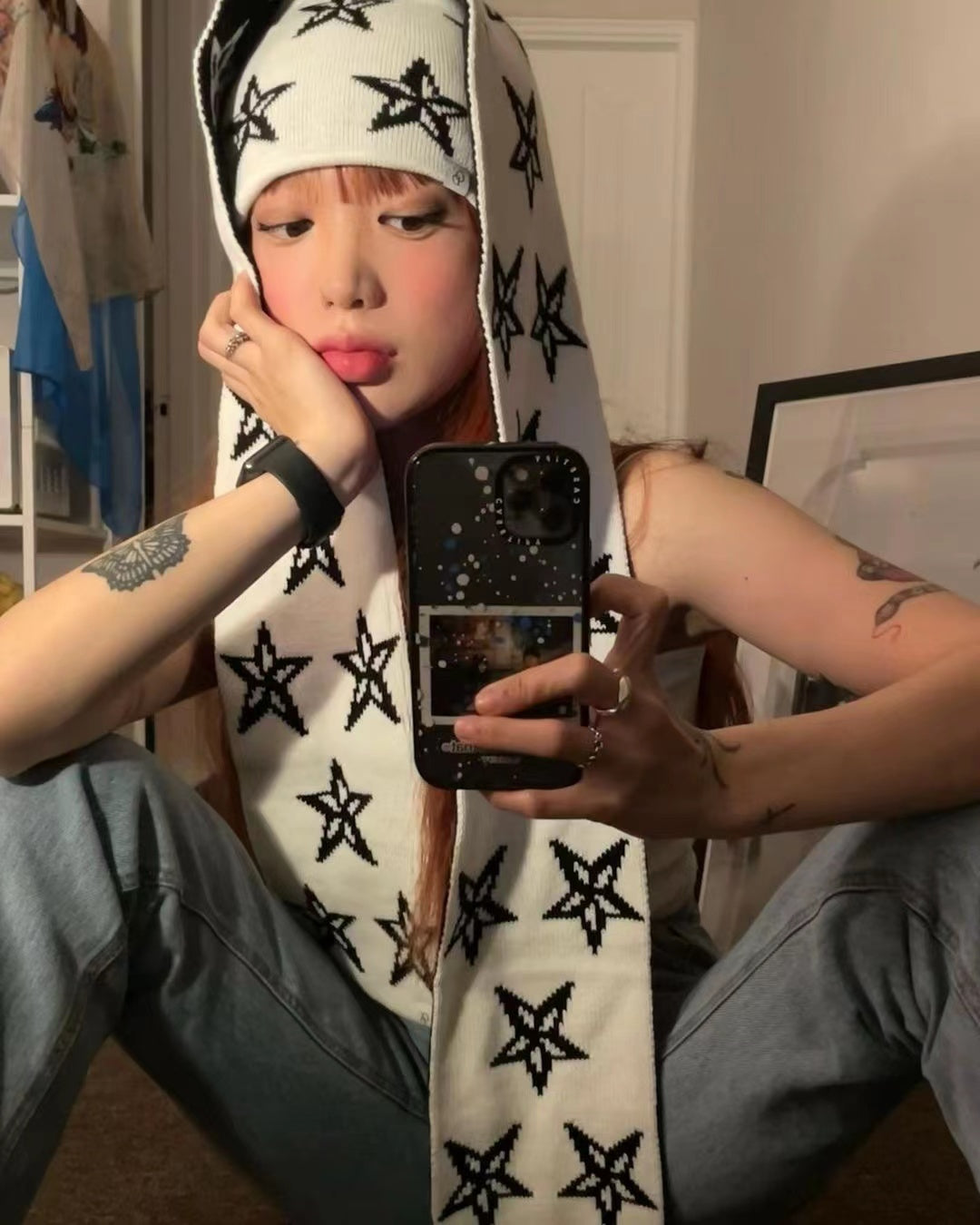 Printed Knit Hat Double-sided Scarf Cold Hat For Warmth