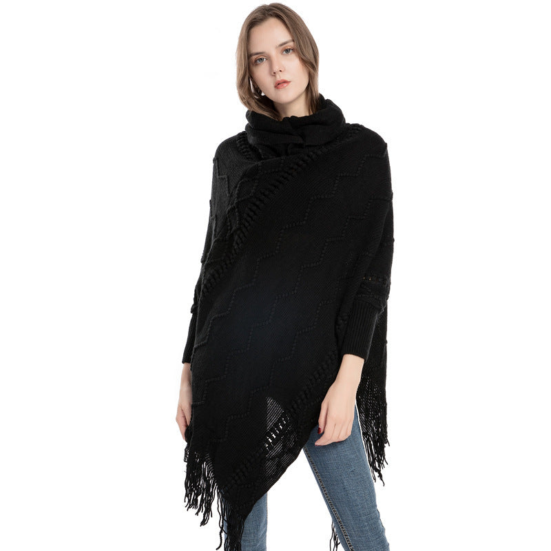 Acrylic Fringed Sweater High Collar Warm Sleeve Pullover Cloak