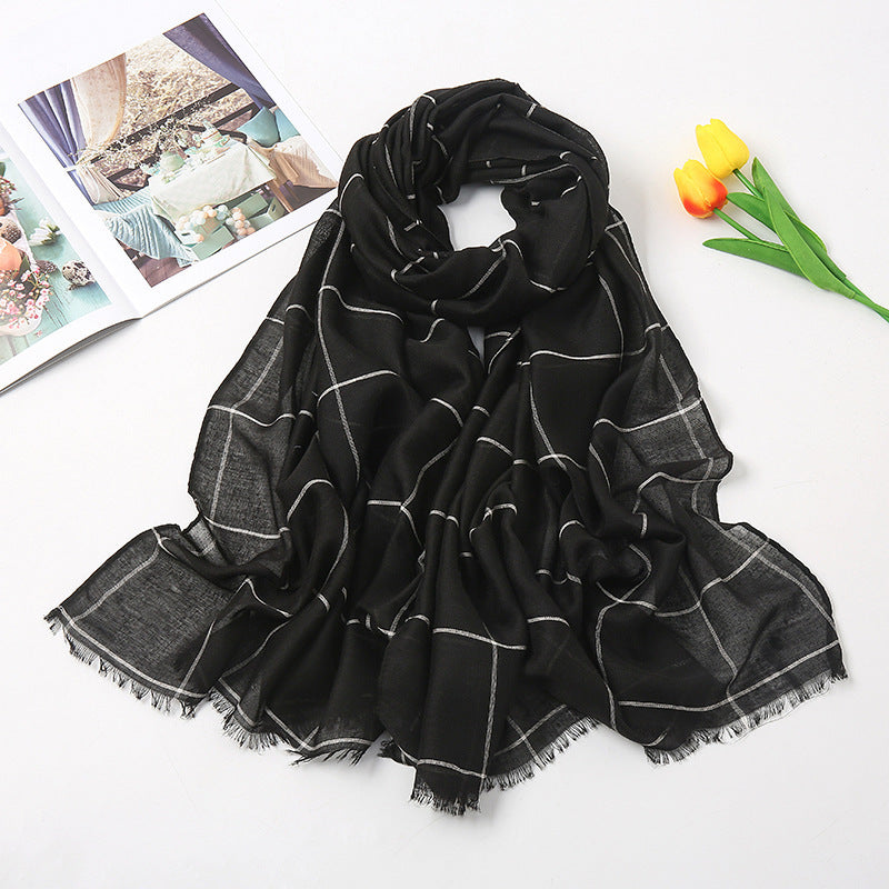 Checked Striped Cotton Linen Scarf