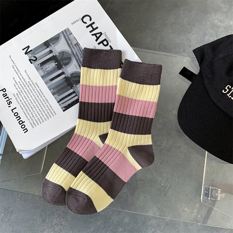 Coffee Striped Letter Mid Tube Women's Cotton Socks