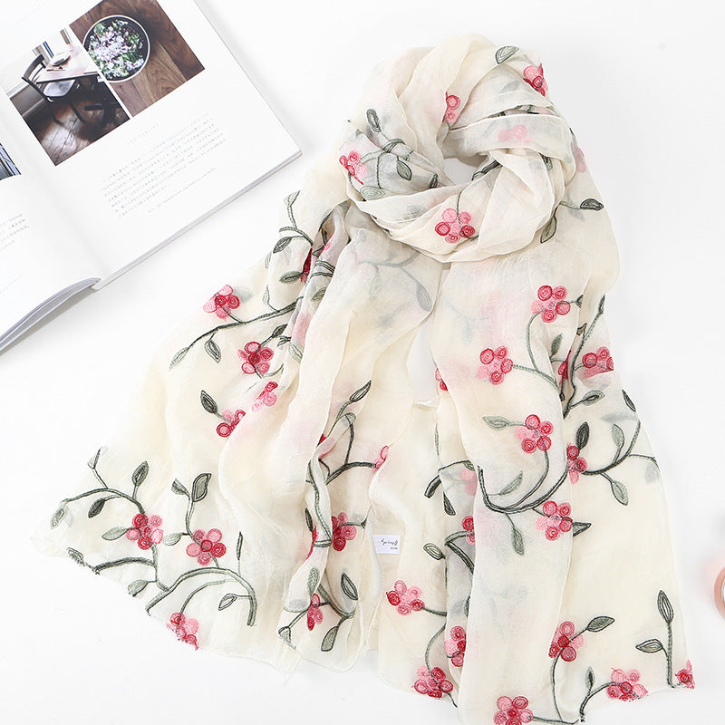 Women's Chiffon Flower Embroidered Silk Scarf Beach Shawl