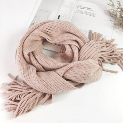 Thickened Warm Long Solid Color Tassel Knitted Wool Scarf