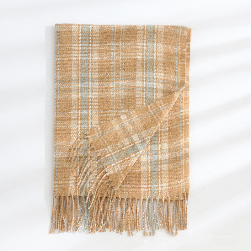 Women's Fashionable Plaid Printed Tassel Shawl Warm Scarf
