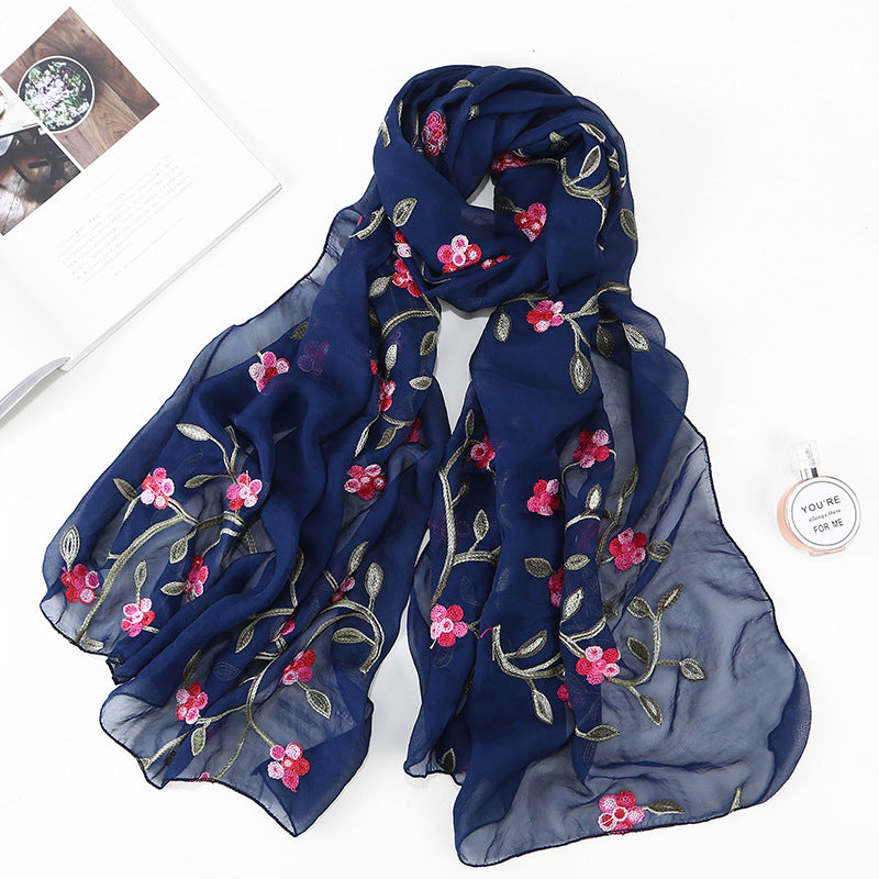 Women's Chiffon Flower Embroidered Silk Scarf Beach Shawl