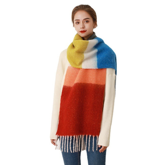Striped Plaid Fringed Cashmere Mohair Scarf