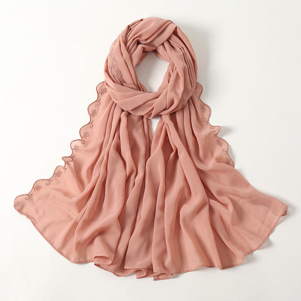 Women's Pearl Chiffon Lace Embroidered Headband Fashion Silk Scarf