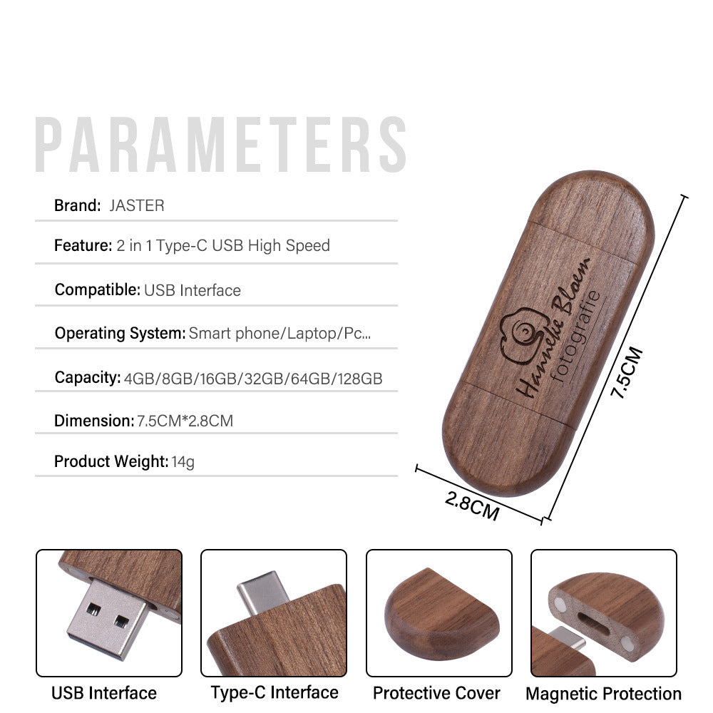 Maple Box Carved Wooden 2 In 1 Mobile Phone U-disk TYPE-C