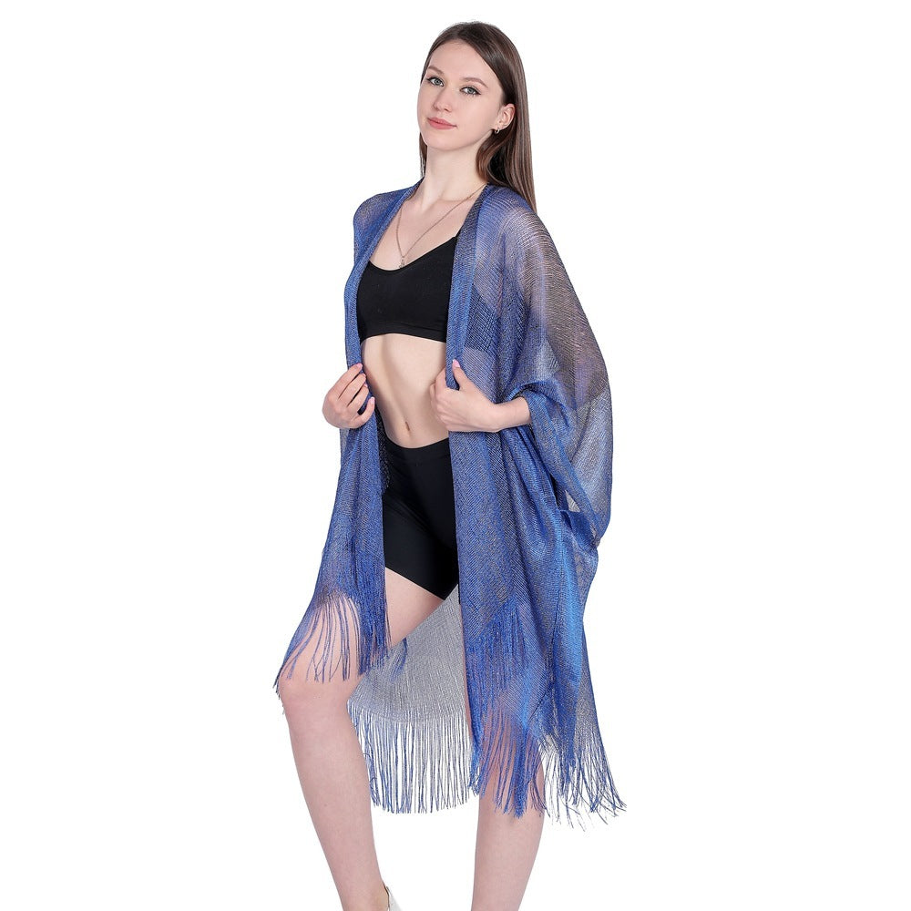 Gold And Silver Ribbon Sleeve Split Shawl Holiday Bikini Blouse Sunscreen Clothes
