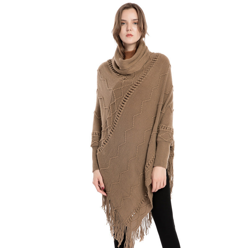 Acrylic Fringed Sweater High Collar Warm Sleeve Pullover Cloak