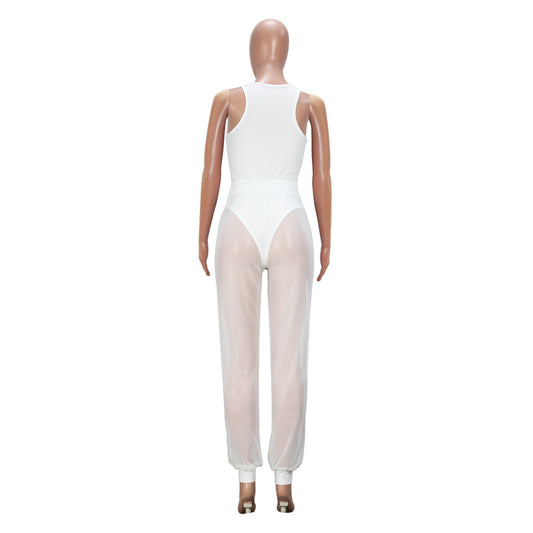 European And American Style Lace-up  See-through Trousers Mesh Trousers