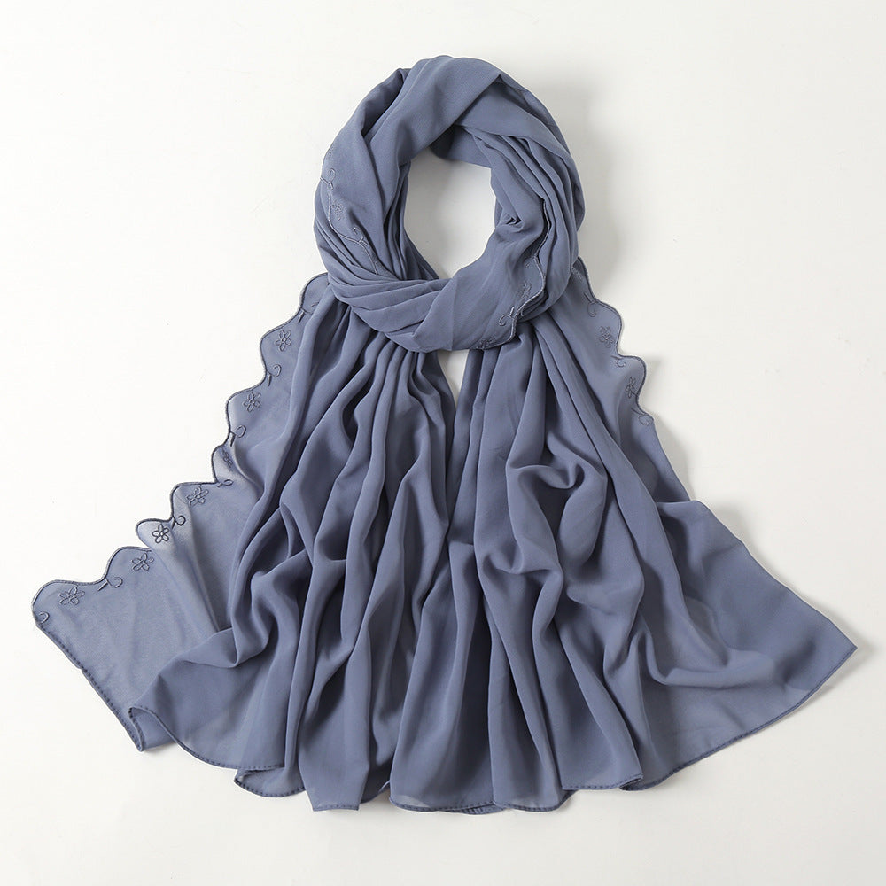 Women's Pearl Chiffon Lace Embroidered Headband Fashion Silk Scarf