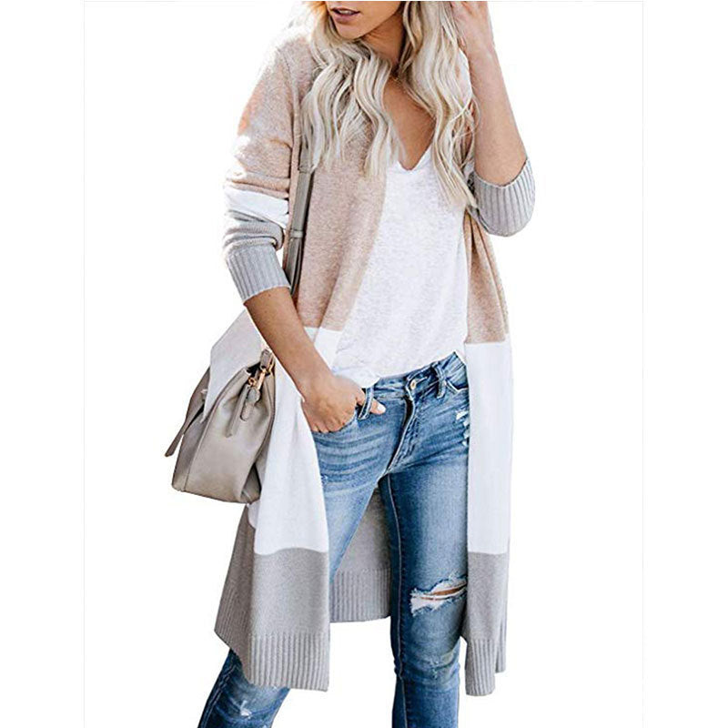 Three-color stitching striped long sweater coat