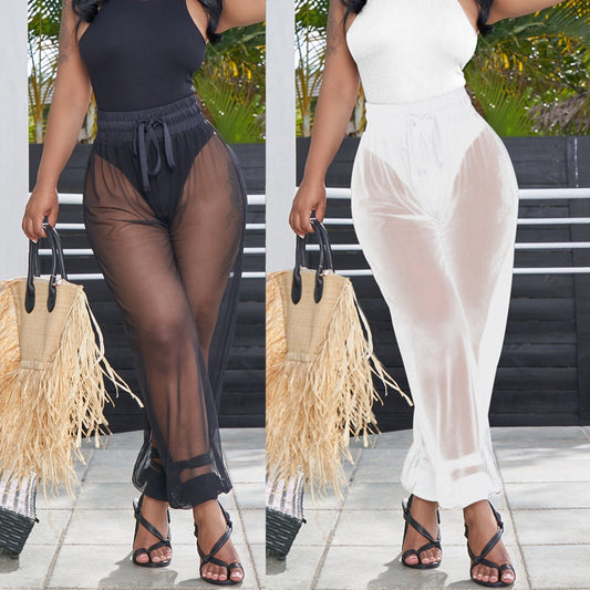 European And American Style Lace-up  See-through Trousers Mesh Trousers