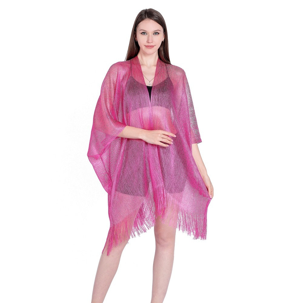 Gold And Silver Ribbon Sleeve Split Shawl Holiday Bikini Blouse Sunscreen Clothes