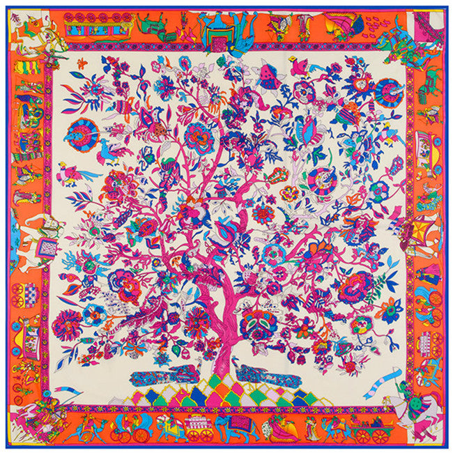 130cm Fortune Tree Tree Of Life  Ethnic Flower Pattern Ladies Twill Scarf  Travel Scarf