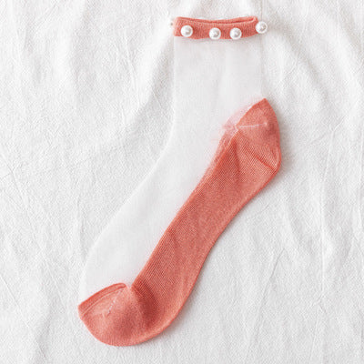 5 Pairs Of Crystal Silk Socks Shallow Mouth Beaded Net Red Net Yarn Lace Lace Glass Socks Thin Summer Boat Socks