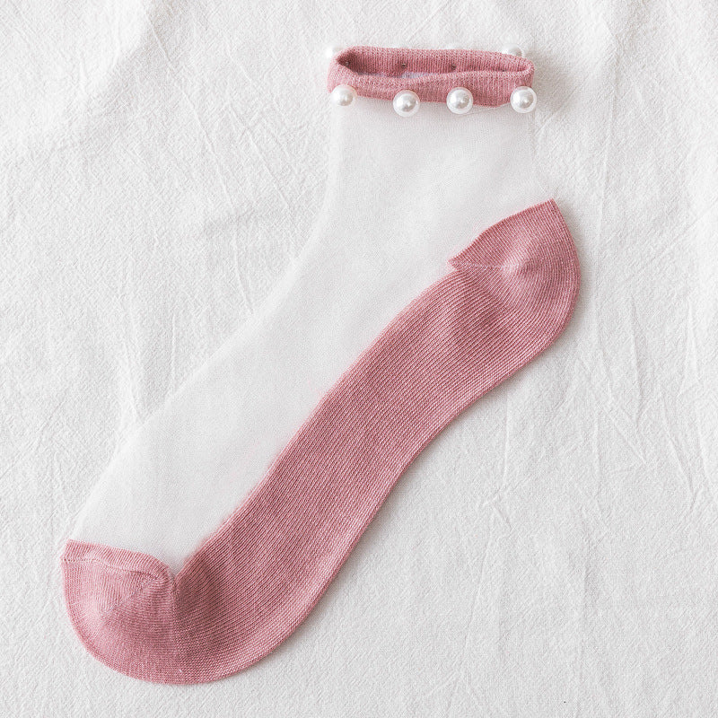 5 Pairs Of Crystal Silk Socks Shallow Mouth Beaded Net Red Net Yarn Lace Lace Glass Socks Thin Summer Boat Socks