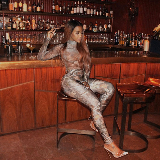 Retro print tight and hip lifting long sleeve Jumpsuit