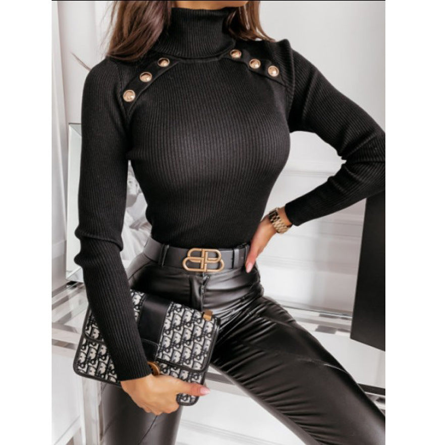 High collar long sleeve button top