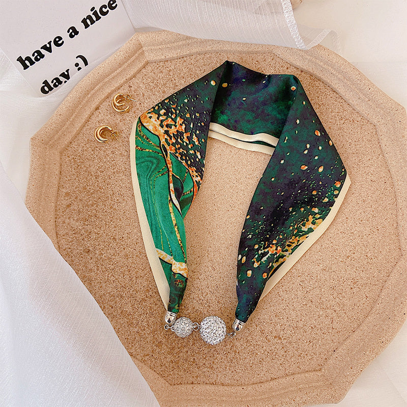 Magnetic Buckle Pearl Lazy Little Silk Scarf Female Neck Protection Decoration