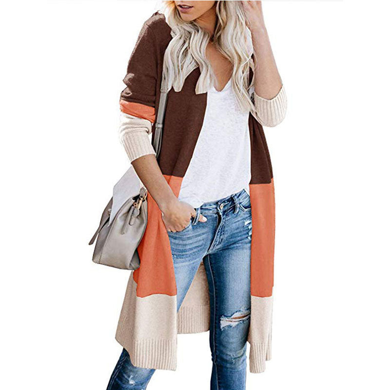 Three-color stitching striped long sweater coat