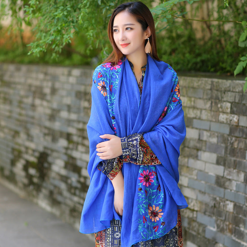 Ethnic Style Embroidered Floral Scarf Shawl Sunscreen Silk Female
