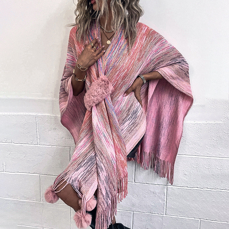 Contrast Color Wool Ball Tassel Knitted Shawl Coat For Women