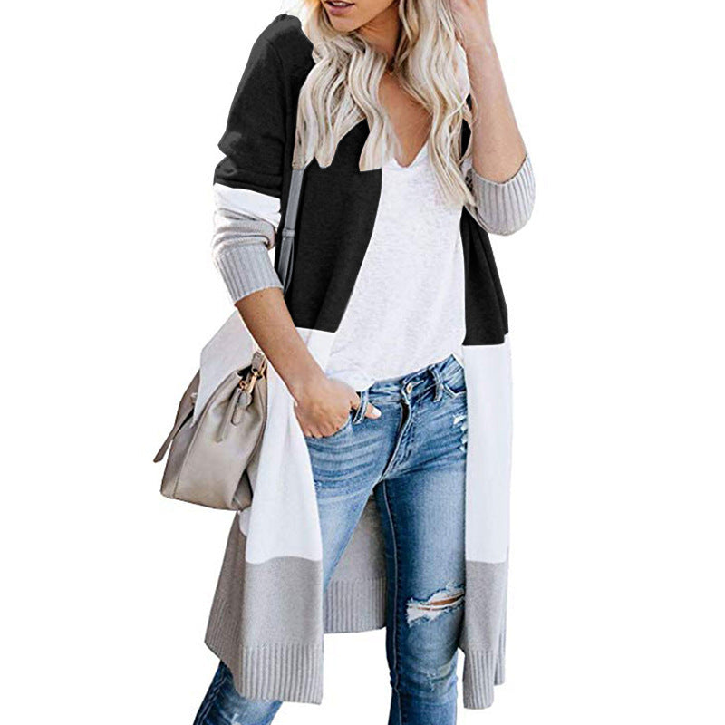 Three-color stitching striped long sweater coat