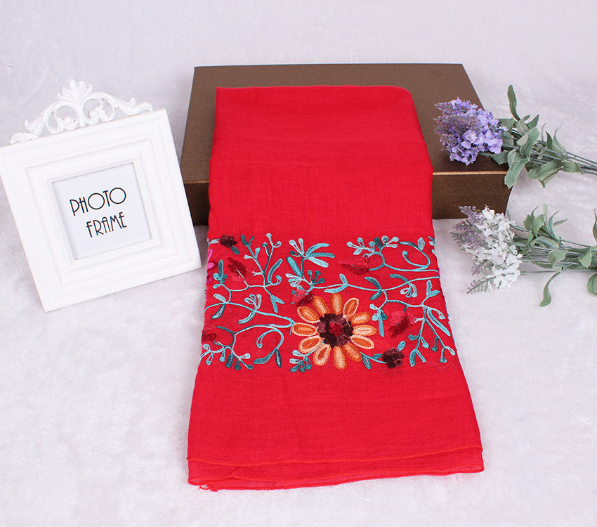 Ethnic Style Embroidered Floral Scarf Shawl Sunscreen Silk Female