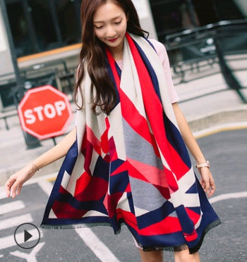 Autumn and winter Europe and America double-sided scarf shawl dual-use ladies air-conditioning wool cashmere scarf shawl oversized thickening