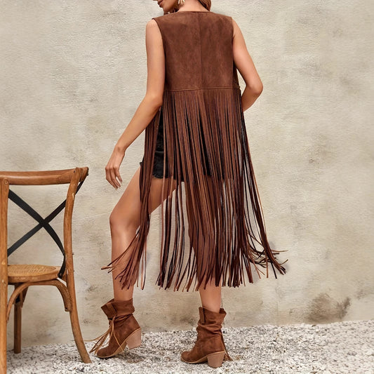 Women's Western Cowboy Style Tassel Hem Rivet Open Vest Jacket
