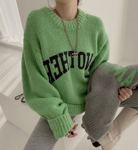 Candy Color Round Neck Letter Print Loose Long-sleeved Knitted Sweater