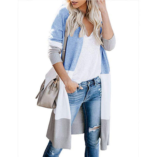 Three-color stitching striped long sweater coat