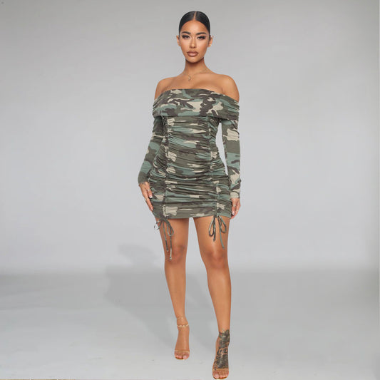 Cross-border Women's Dress with Printed Pleated Neckline