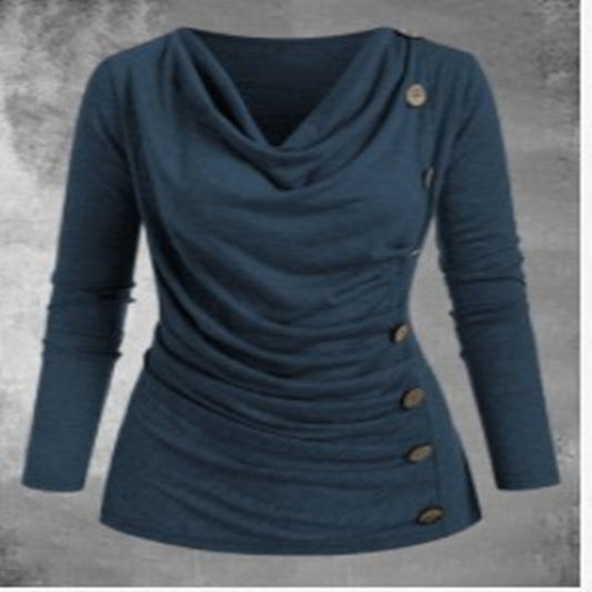 Multi-Fold Collar Casual Fashion Long-Sleeved T-Shirt