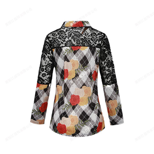 Flower print lace stitching cardigan