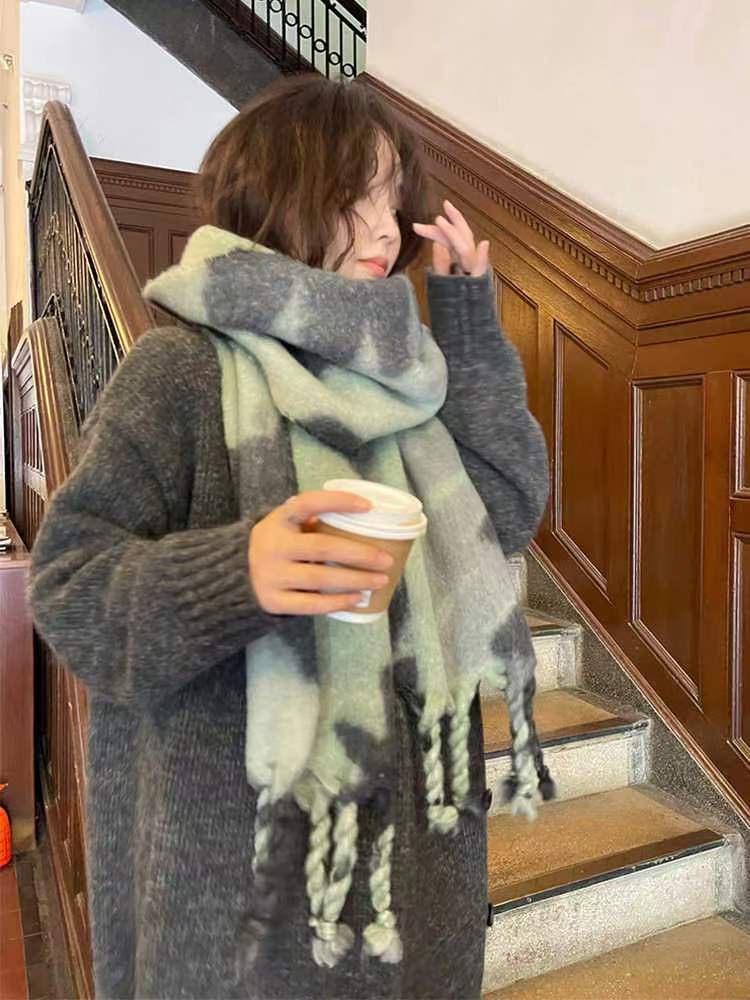 Autumn And Winter Versatile Thickened Scarf Mohair Contrast Color Cape