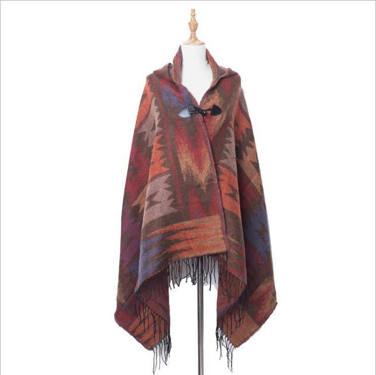 Horn Button Ethnic Style Hoodie Cloak Shawl