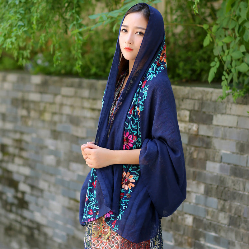 Ethnic Style Embroidered Floral Scarf Shawl Sunscreen Silk Female