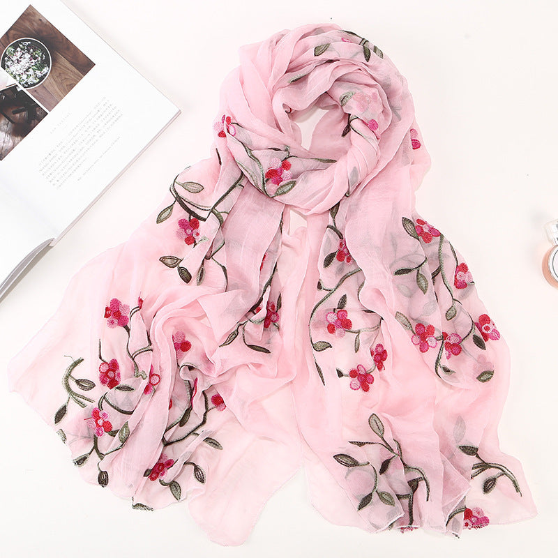 Women's Chiffon Flower Embroidered Silk Scarf Beach Shawl