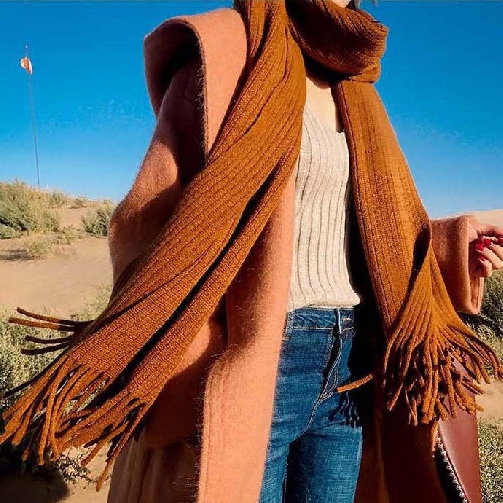Thickened  Warm Long Solid Color Tassel Knitted Wool Scarf
