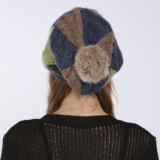 Women Patch Pleated Acrylic Stuffed Hand-woven Knit Thick Folds Warm Outdoor Wool Cute Hair Ball Hat