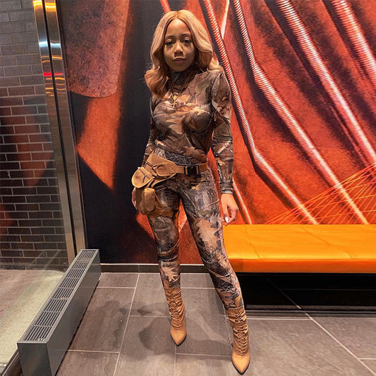 Retro print tight and hip lifting long sleeve Jumpsuit