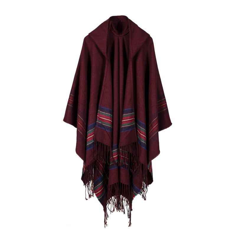 Women's thick color stripsimitation cashmere jacquard shawl can wear warm long fashion hooded cloak