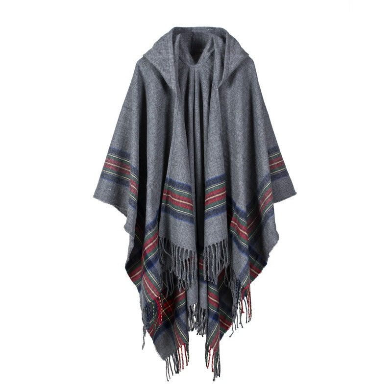 Women's thick color stripsimitation cashmere jacquard shawl can wear warm long fashion hooded cloak